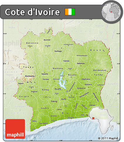 Physical Map of Cote D'Ivoire, lighten
