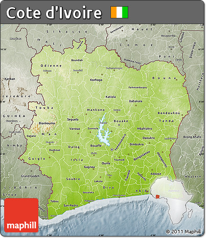 Physical Map of Cote D'Ivoire, semi-desaturated