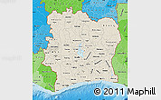 Shaded Relief Map of Cote d'Ivoire, political shades outside, shaded relief sea
