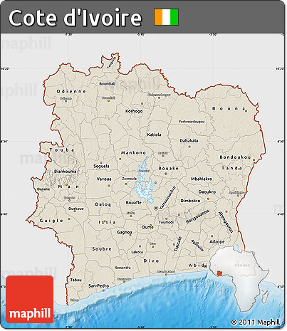 Shaded Relief Map of Cote D'Ivoire, single color outside