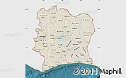 Shaded Relief Map of Cote d'Ivoire, single color outside, satellite sea