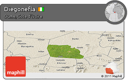 Satellite Panoramic Map of Diegonefla, shaded relief outside