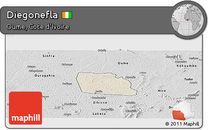 Shaded Relief Panoramic Map of Diegonefla, desaturated