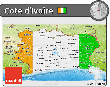 Flag Panoramic Map of Cote D'Ivoire, physical outside, bathymetry sea, flag centered