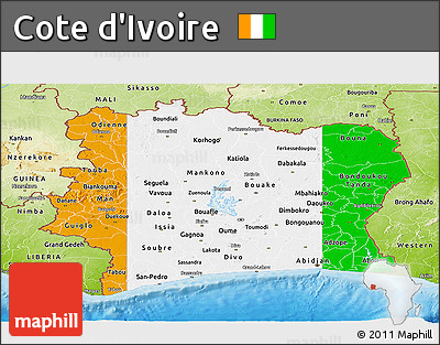 Flag Panoramic Map of Cote D'Ivoire, physical outside, bathymetry sea, flag centered
