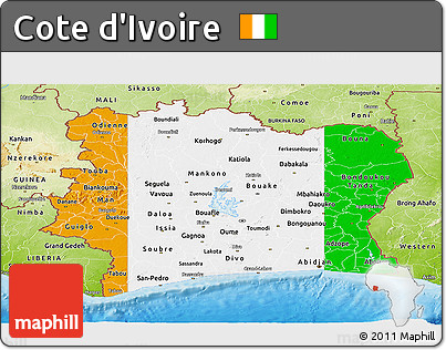 Flag Panoramic Map of Cote D'Ivoire, physical outside, bathymetry sea, flag centered