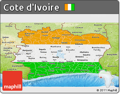 Flag Panoramic Map of Cote D'Ivoire, physical outside, bathymetry sea, flag rotated