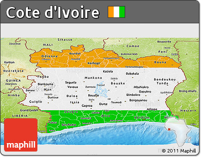 Flag Panoramic Map of Cote D'Ivoire, physical outside, flag aligned to the middle