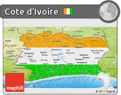 Flag Panoramic Map of Cote D'Ivoire, physical outside, flag rotated