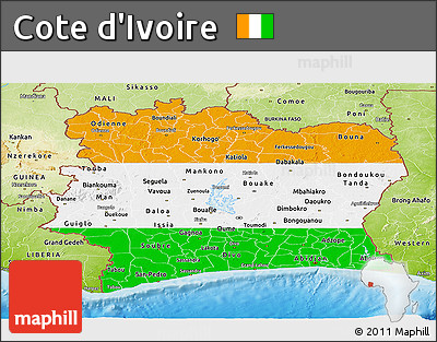 Flag Panoramic Map of Cote D'Ivoire, physical outside, flag rotated