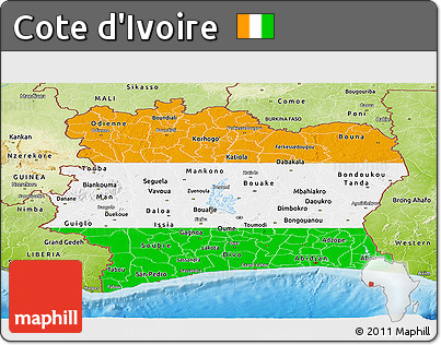 Flag Panoramic Map of Cote D'Ivoire, physical outside, flag rotated