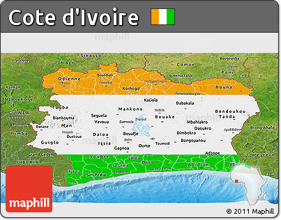 Flag Panoramic Map of Cote D'Ivoire, satellite outside, bathymetry sea, flag aligned to the middle
