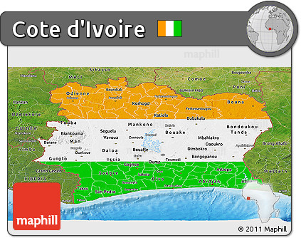 Flag Panoramic Map of Cote D'Ivoire, satellite outside, bathymetry sea, flag rotated