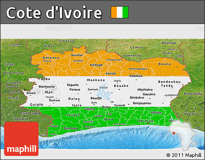 Flag Panoramic Map of Cote D'Ivoire, satellite outside, bathymetry sea, flag rotated
