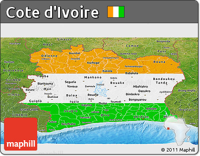 Flag Panoramic Map of Cote D'Ivoire, satellite outside, bathymetry sea, flag rotated