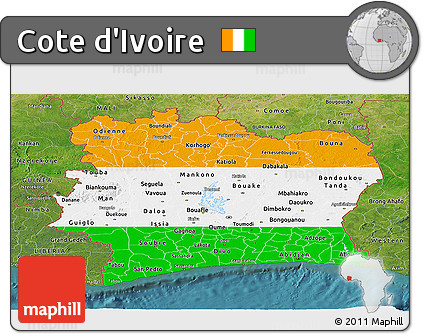 Flag Panoramic Map of Cote D'Ivoire, satellite outside, flag rotated