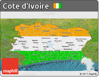 Flag Panoramic Map of Cote D'Ivoire, satellite outside, flag rotated