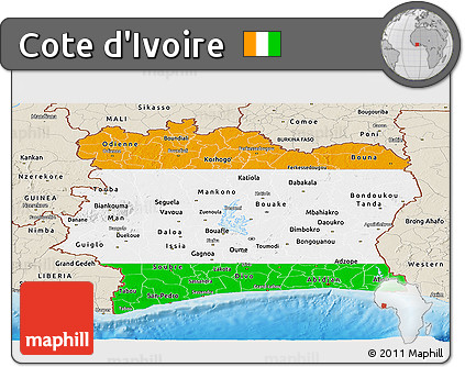 Flag Panoramic Map of Cote D'Ivoire, shaded relief outside, flag aligned to the middle