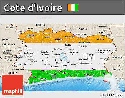 Flag Panoramic Map of Cote D'Ivoire, shaded relief outside, flag aligned to the middle