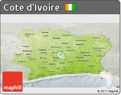Physical Panoramic Map of Cote D'Ivoire, lighten, semi-desaturated