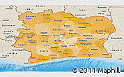 Political Shades Panoramic Map of Cote d'Ivoire, shaded relief outside, bathymetry sea