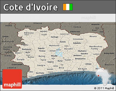 Shaded Relief Panoramic Map of Cote D'Ivoire, darken