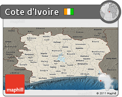 Shaded Relief Panoramic Map of Cote D'Ivoire, darken