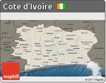 Shaded Relief Panoramic Map of Cote D'Ivoire, darken