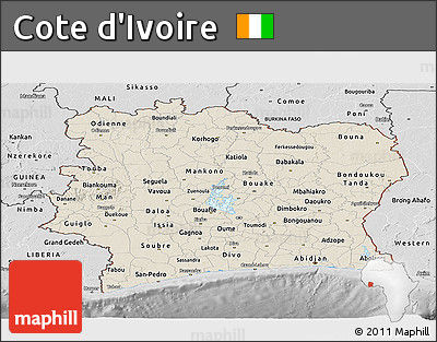 Shaded Relief Panoramic Map of Cote D'Ivoire, desaturated