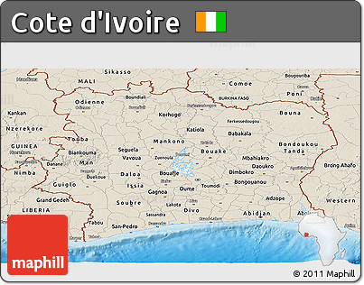 Shaded Relief Panoramic Map of Cote D'Ivoire