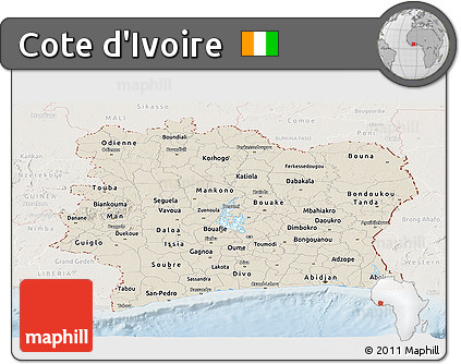 Shaded Relief Panoramic Map of Cote D'Ivoire, lighten