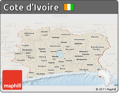 Shaded Relief Panoramic Map of Cote D'Ivoire, lighten