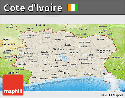 Shaded Relief Panoramic Map of Cote D'Ivoire, physical outside
