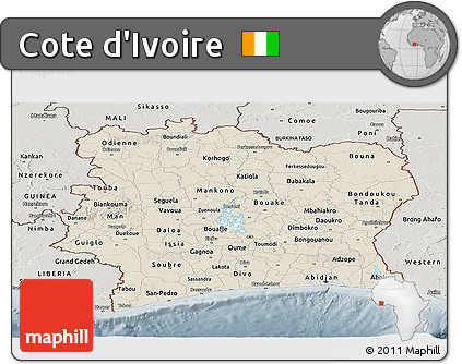 Shaded Relief Panoramic Map of Cote D'Ivoire, semi-desaturated