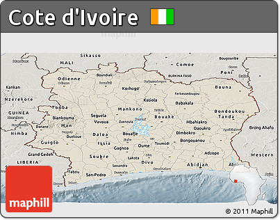 Shaded Relief Panoramic Map of Cote D'Ivoire, semi-desaturated