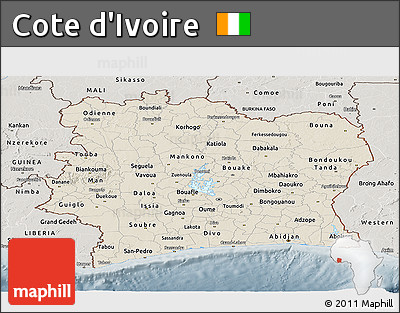 Shaded Relief Panoramic Map of Cote D'Ivoire, semi-desaturated