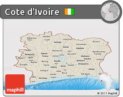 Shaded Relief Panoramic Map of Cote D'Ivoire, single color outside