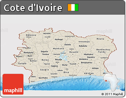 Shaded Relief Panoramic Map of Cote D'Ivoire, single color outside