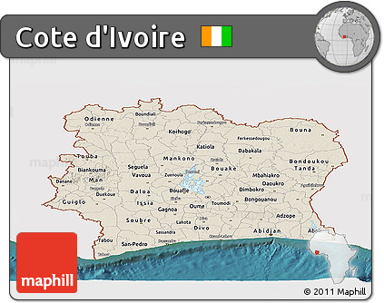 Shaded Relief Panoramic Map of Cote D'Ivoire, single color outside, satellite sea