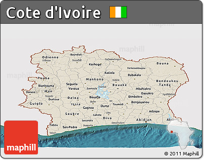Shaded Relief Panoramic Map of Cote D'Ivoire, single color outside, satellite sea