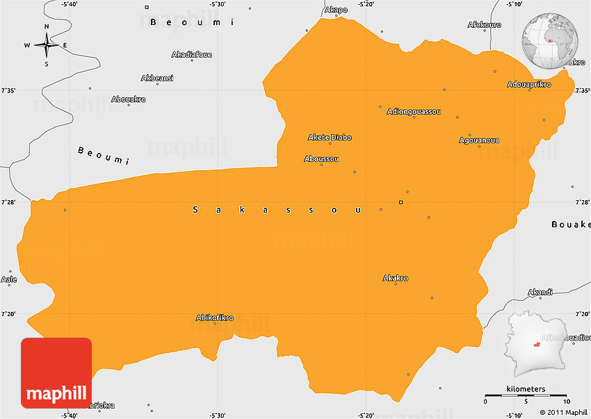 Political Simple Map of Sakassou, single color outside, borders and labels