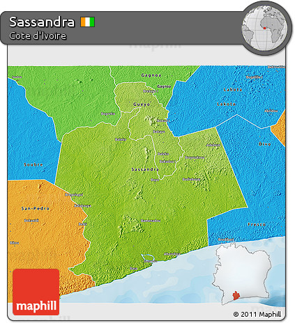 Physical 3D Map of Sassandra, political outside