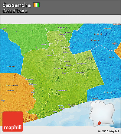 Physical 3D Map of Sassandra, political outside