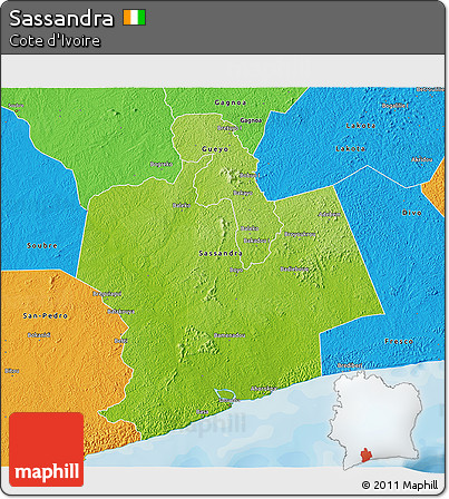 Physical 3D Map of Sassandra, political outside