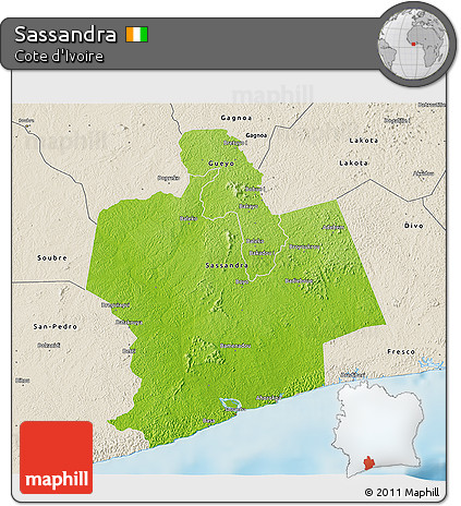 Physical 3D Map of Sassandra, shaded relief outside