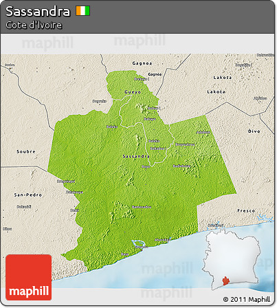 Physical 3D Map of Sassandra, shaded relief outside