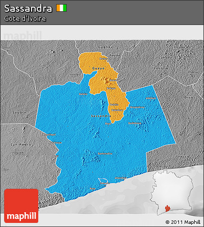 Political 3D Map of Sassandra, desaturated