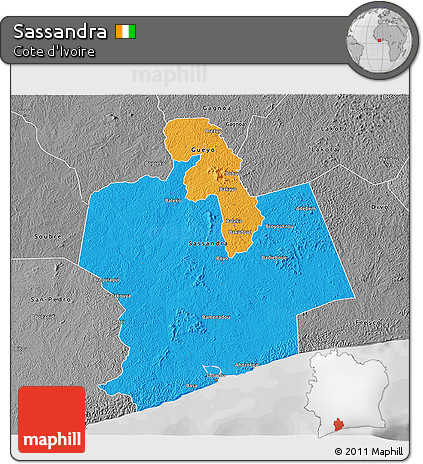 Political 3D Map of Sassandra, desaturated