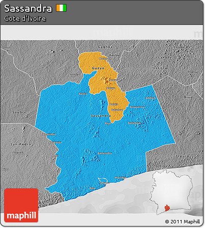 Political 3D Map of Sassandra, desaturated