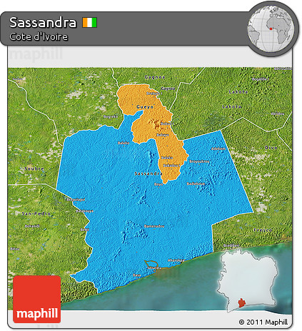 Political 3D Map of Sassandra, satellite outside